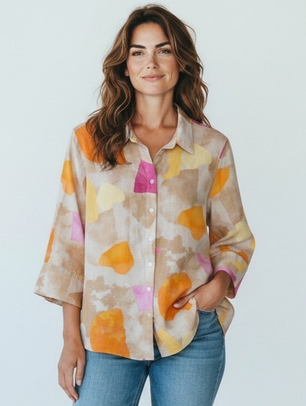 Chico's Linen/Rayon Beige Abstract Button-Front Shirt. Size 8-10.